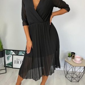 Czarna Plisowana Sukienka Midi 6628-100-B