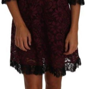 Dolce & Gabbana Floral Lace Burgundia Suknia Mock Collar Sukienka