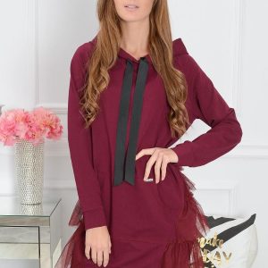 Sukienka dresowa z tiulowymi falbanami burgund Rozmiar: UNI