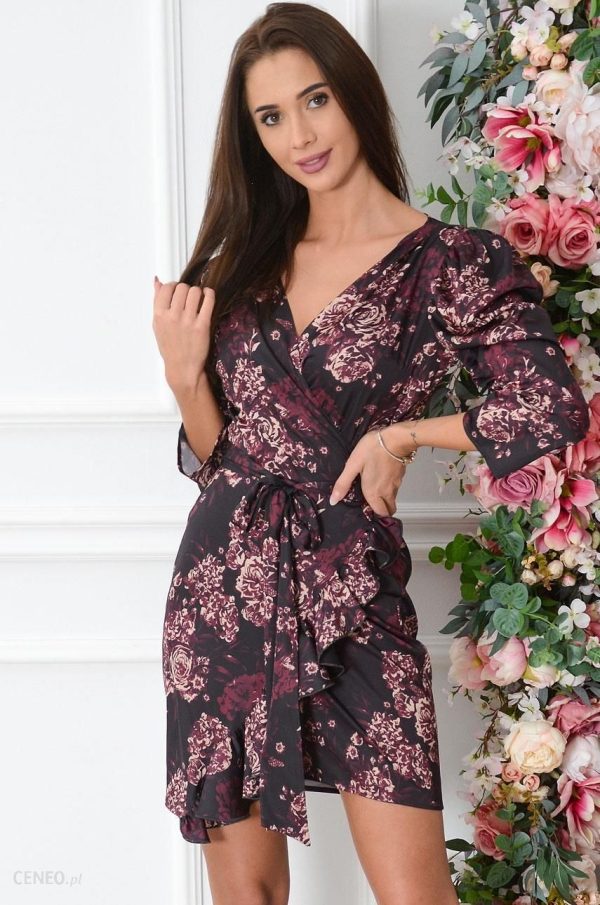 Sukienka kopertowa w burgundowe kwiaty czarna Lavandel Rozmiar: M