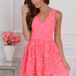 Sukienka koronkowa Delicate Lace neonowy róż Rozmiar: L