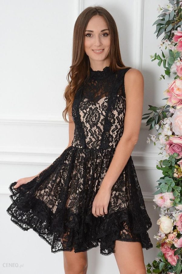 Sukienka koronkowa z falbankami czarno-beżowa Isma Rozmiar: M
