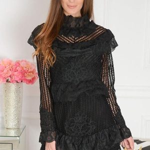 Sukienka koronkowa z ozdobnymi falbanami czarna Ruby Rozmiar: L