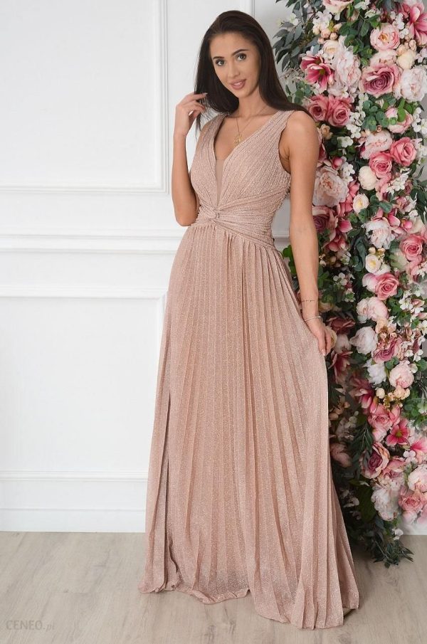 Sukienka maxi błyszcząca plisowana różowe złoto Britny Rozmiar: XL/2XL
