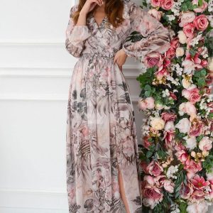 Sukienka maxi długi rękaw w tropikalne kwiaty beż Lukrecja Rozmiar: XL