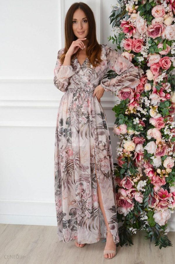 Sukienka maxi długi rękaw w tropikalne kwiaty beż Lukrecja Rozmiar: XL