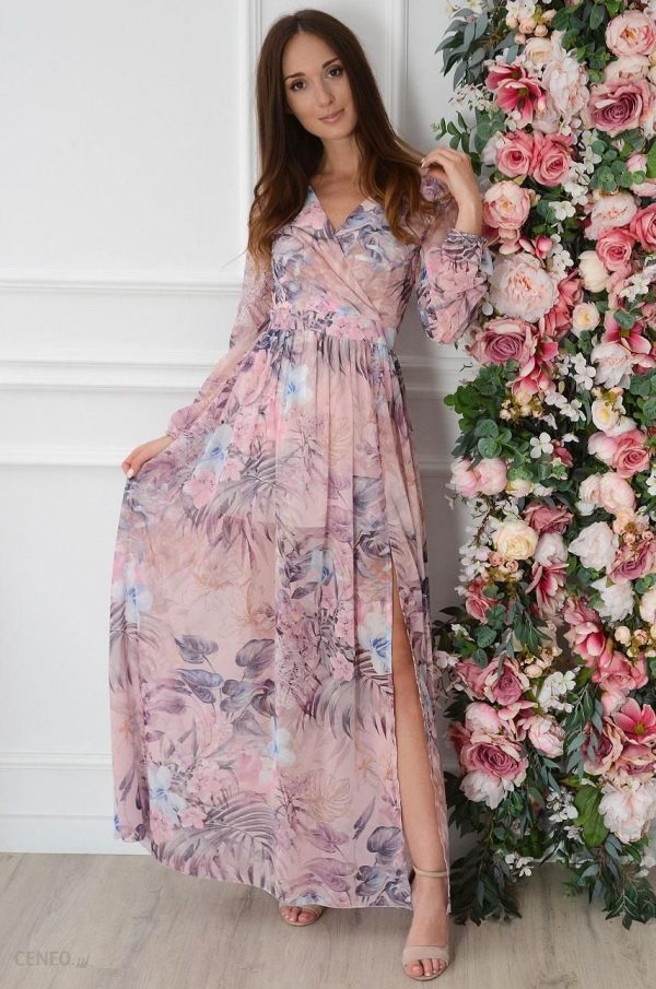 Sukienka maxi długi rękaw w tropikalne kwiaty pudrowy róż Lukrecja Rozmiar: XL