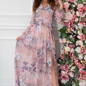 Sukienka maxi długi rękaw w tropikalne kwiaty pudrowy róż Lukrecja Rozmiar: XS