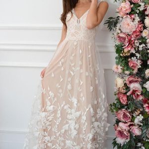 Sukienka maxi haftowany tiul kwiatuszki 3D biało-beżowa Diana Rozmiar: S
