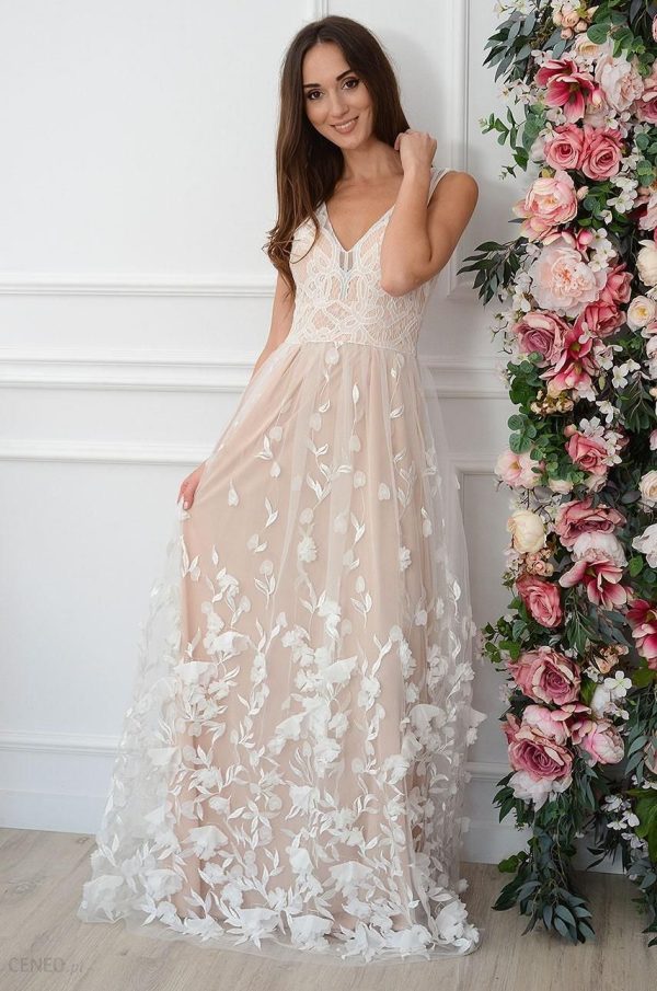 Sukienka maxi haftowany tiul kwiatuszki 3D biało-beżowa Diana Rozmiar: S