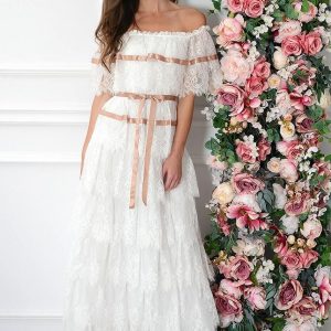 Sukienka maxi hiszpanka z koronkowych falban biała Luzia Rozmiar: M