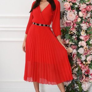 Sukienka maxi plisowana długi rękaw czerwona Klare Rozmiar: UNI