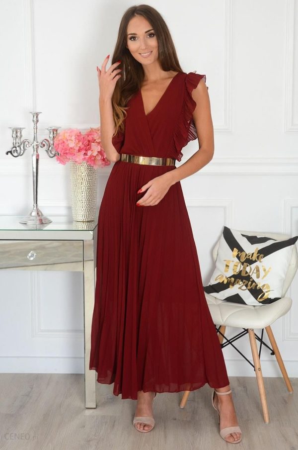 Sukienka maxi plisowana z falbankami burgund Verda Rozmiar: UNI