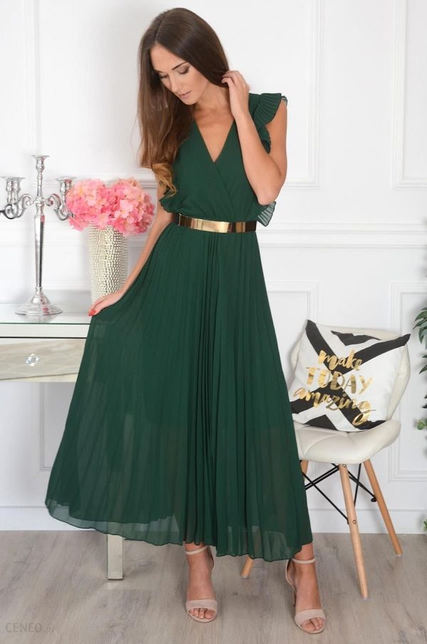 Sukienka maxi plisowana z falbankami ciemna zieleń Verda Rozmiar: UNI