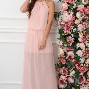 Sukienka maxi szyfonowa z pęknięciem pudrowy róż Korina Rozmiar: UNI