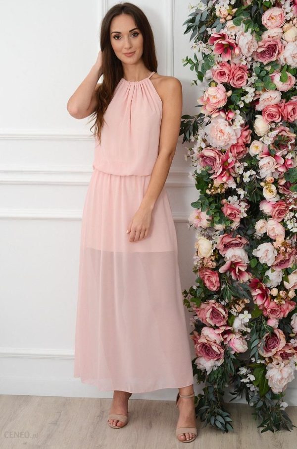 Sukienka maxi szyfonowa z pęknięciem pudrowy róż Korina Rozmiar: UNI