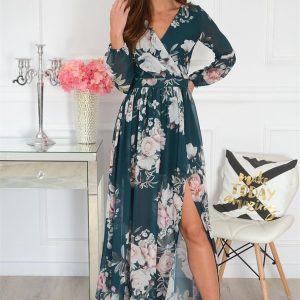 Sukienka maxi w kwiaty długi rękaw zieleń Lukrecja Rozmiar: XL