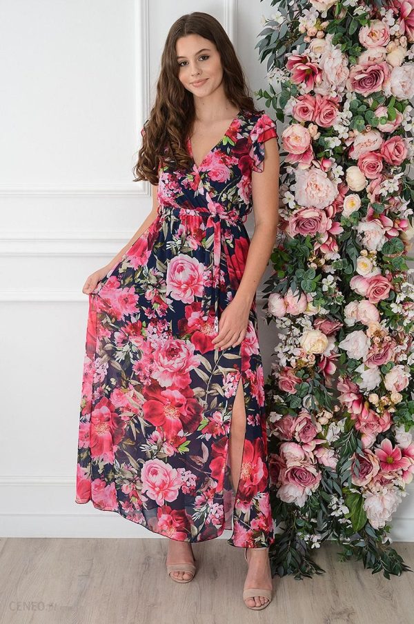 Sukienka maxi w różowe kwiaty granat Effia Rozmiar: M