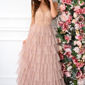 Sukienka maxi z tiulowych falban brudny róż Valerie Rozmiar: XL