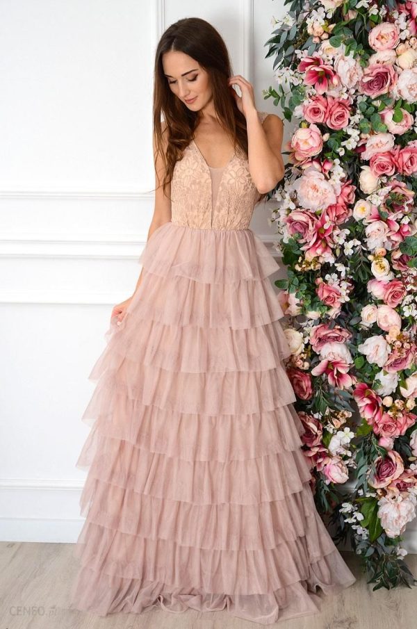 Sukienka maxi z tiulowych falban brudny róż Valerie Rozmiar: XL