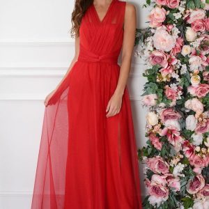 Sukienka maxi z tiulu z wiązaniem czerwona Angelica Rozmiar: M