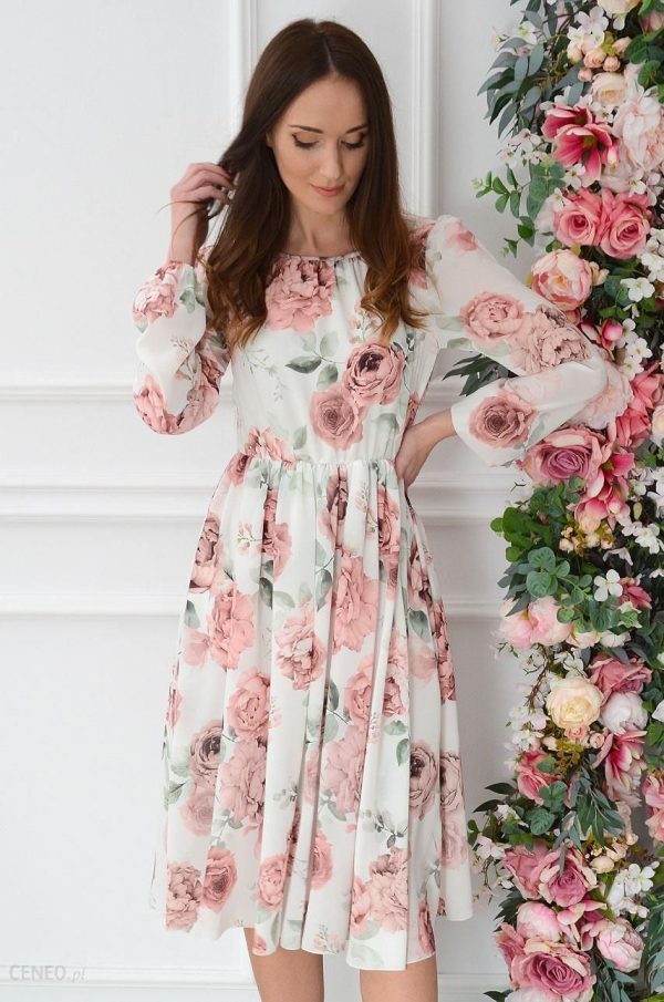 Sukienka midi dekolt na plecach w duże pudrowe kwiaty Mia Rozmiar: XS