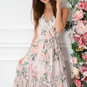 Sukienka midi szyfonowa w kwiaty pudrowy róż Savine Rozmiar: XS