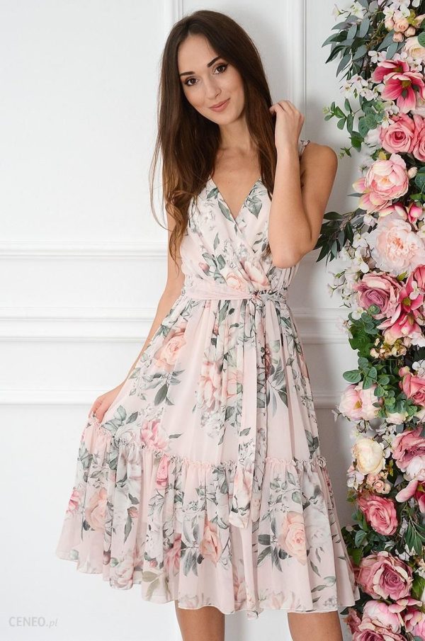 Sukienka midi szyfonowa w kwiaty pudrowy róż Savine Rozmiar: XS