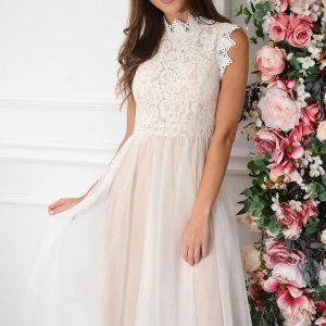 Sukienka midi z koronki i tiulu biało-beżowa Diori Rozmiar: M