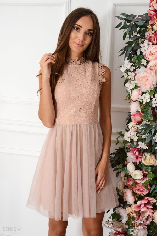 Sukienka Mini Z Koronki I Tiulu Brudny Róż Diori Rozmiar: L