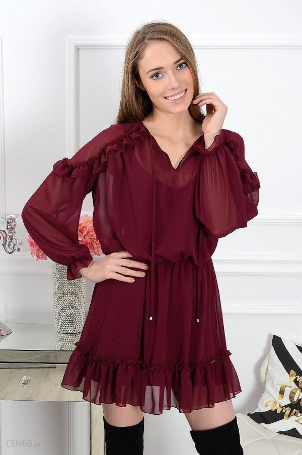 Sukienka szyfonowa Ammy z falbaną burgund Rozmiar: UNI