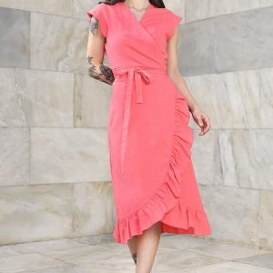 Wiązana sukienka z falbanami z domieszką lnu XL Różowy