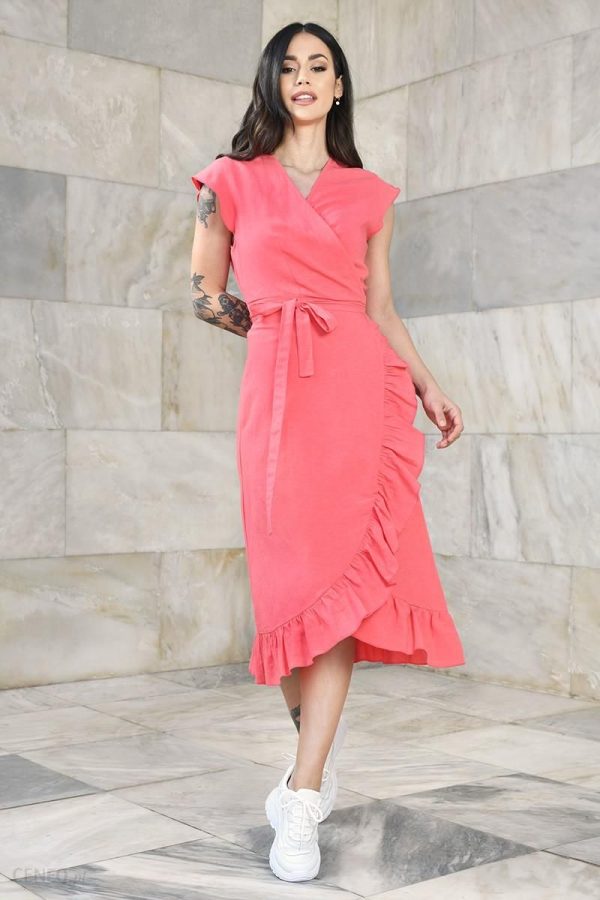 Wiązana sukienka z falbanami z domieszką lnu XL Różowy