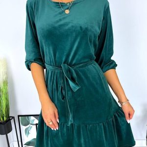 Zielona Welurowa Sukienka z Paskiem 6884-415A-D