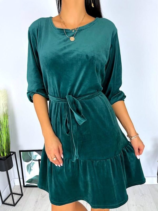 Zielona Welurowa Sukienka z Paskiem 6884-415A-D